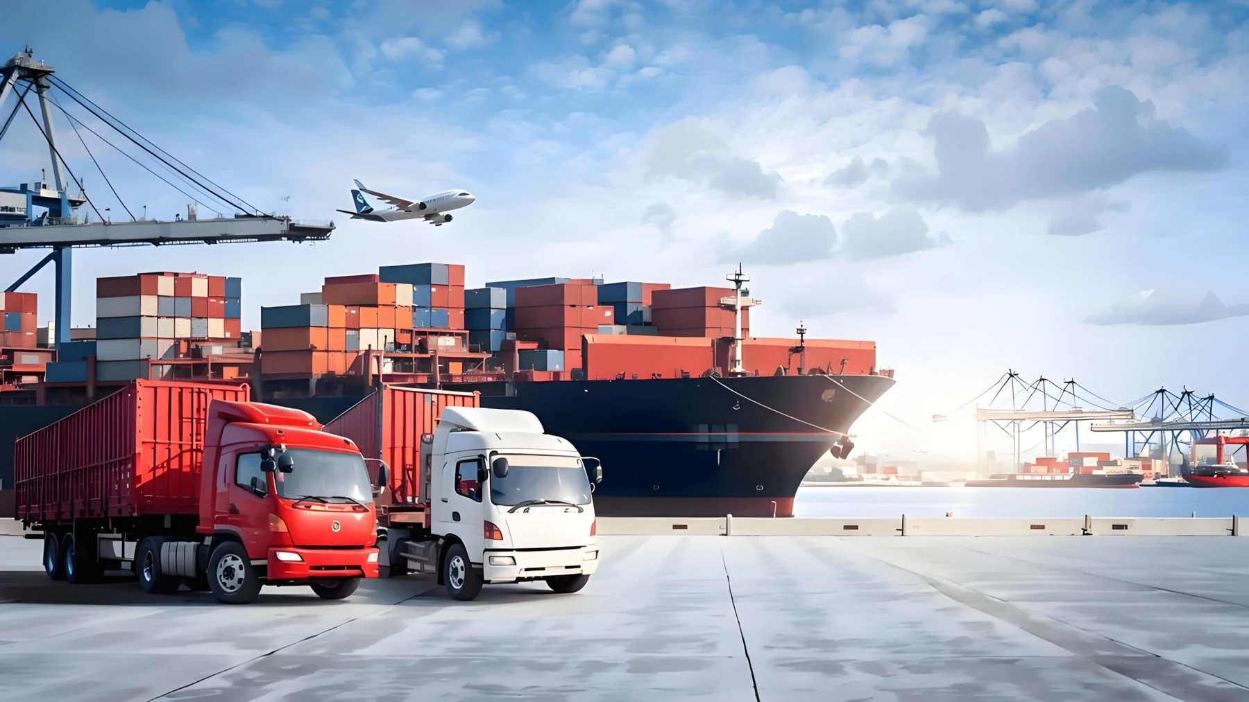 Illustrative container port with cargo trucks and a ship